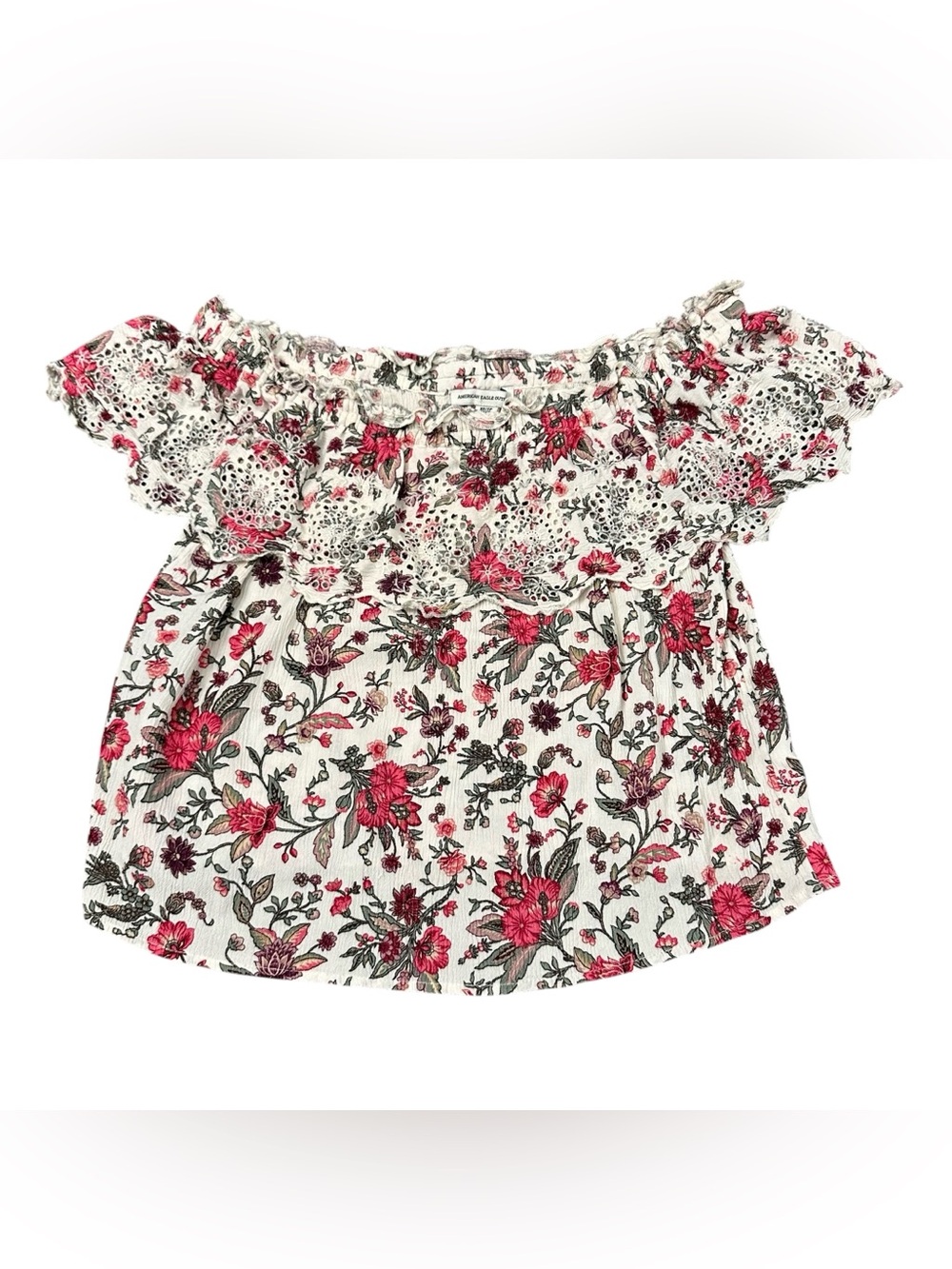 American Eagle Womens XS Floral Eyelet Embroidered Ruffle Blouse